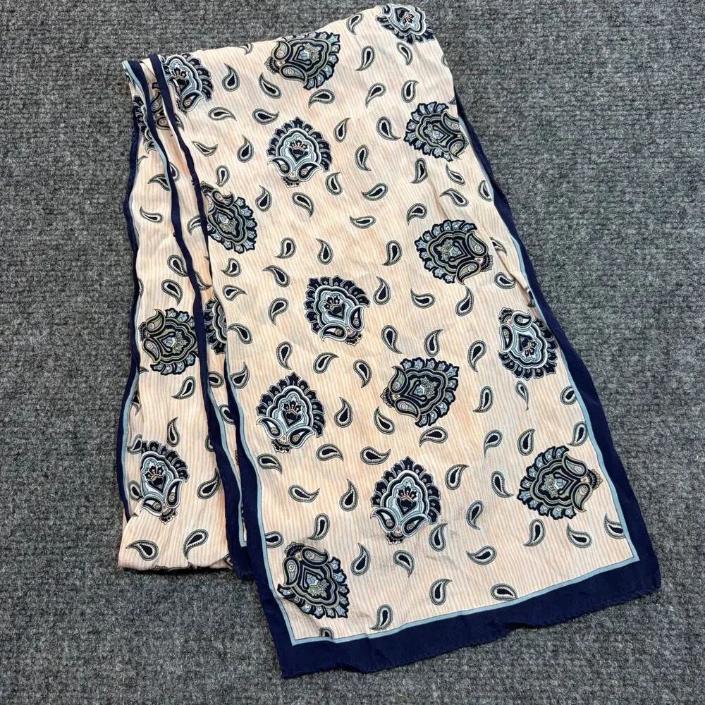 Ginnie Johnson Vintage Blue Cream Paisley Scarf Silk Long Rectangular Neck 9x56